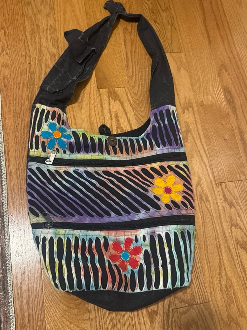 Boho Floral Tie-Dye Shoulder Bag in Black Multicolor